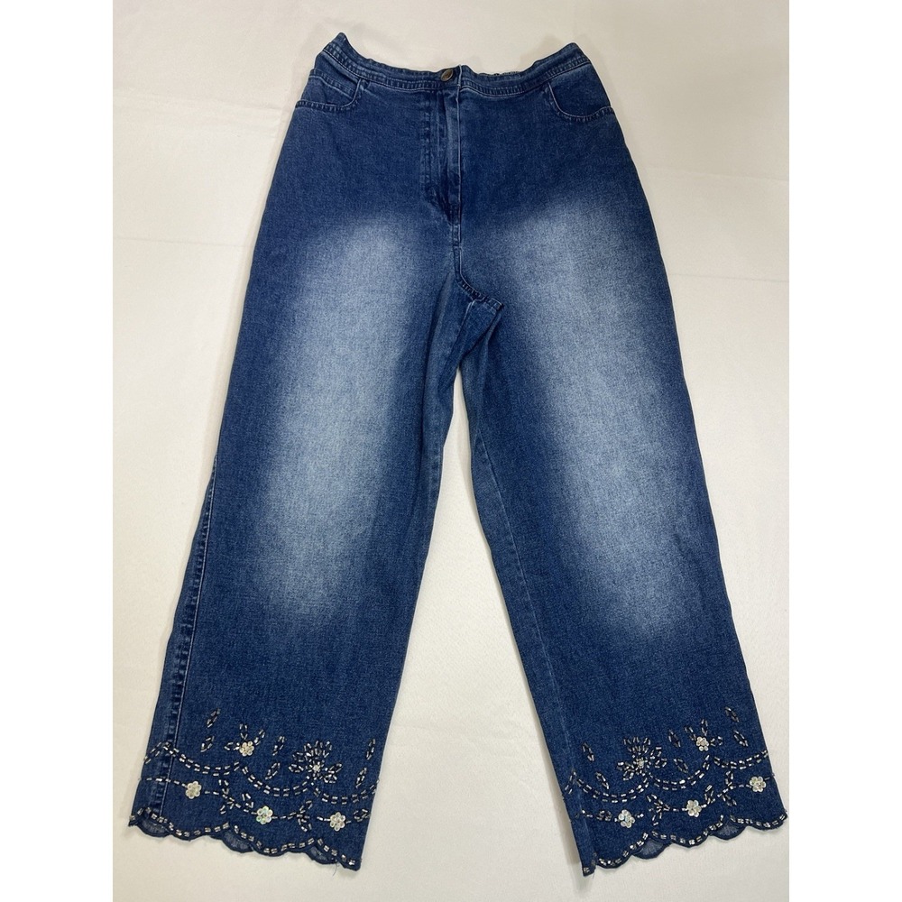 Quacker Factory Jeans S Embellished Cropped Scalloped Elastic Waist Mature Glam